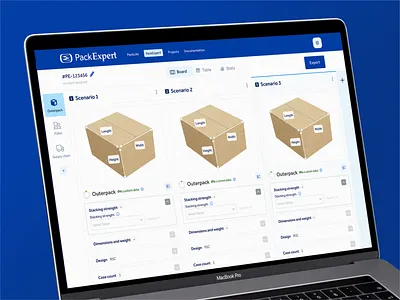 PackExpert — Packaging Configurator UI for Smurfit Westrock b2b saas blue ui complex ui configurator dashboard ui data heavy ui desktop ui enterprise software industrial design logistics packaging design product design saas dashboard scenario comparison supply chain technical ux ui design ux design web app web design