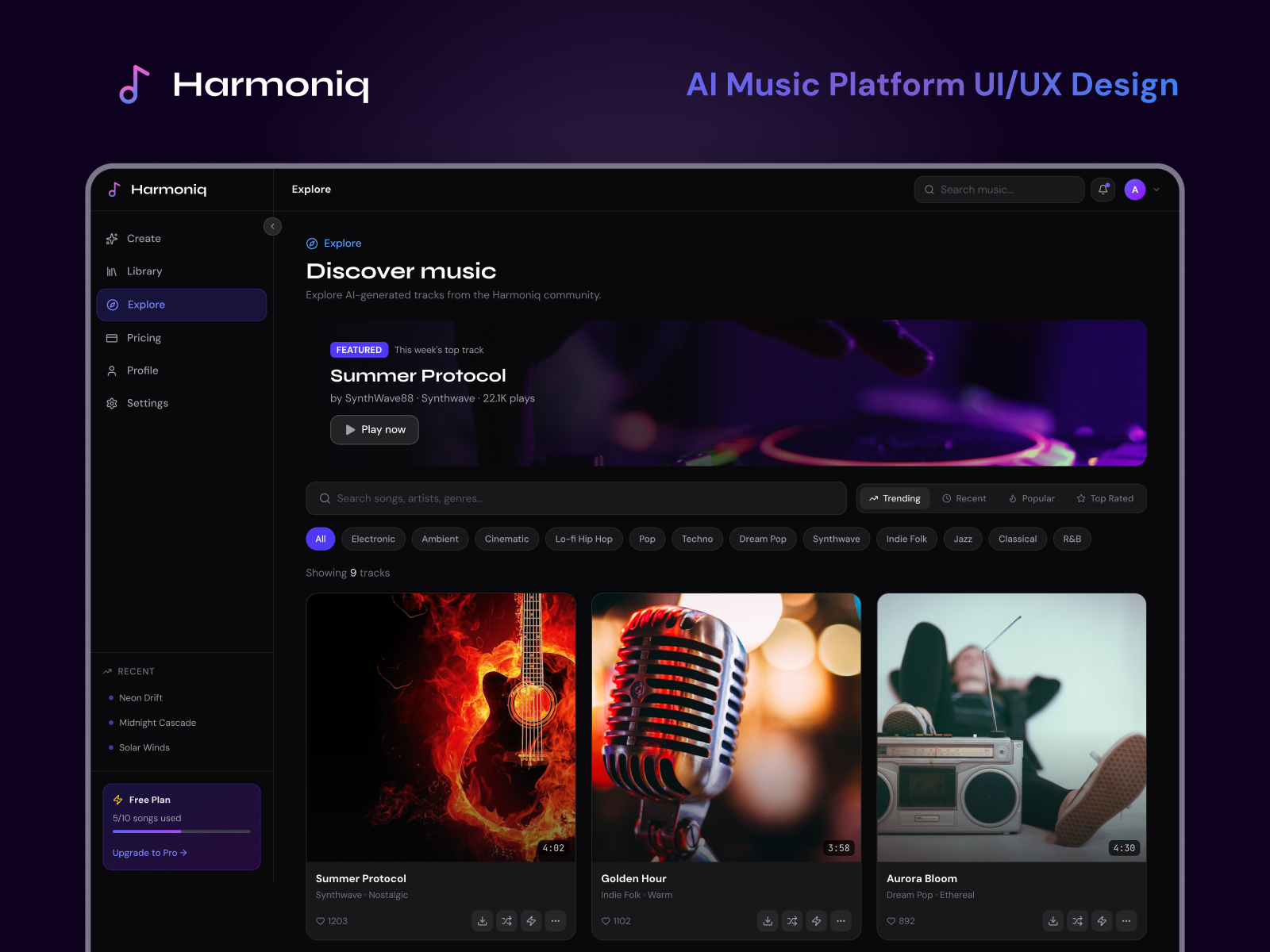 Harmoniq - AI-Powered Music Creation Platform ai agent ai app ai app design ai dark mode ai design ai marketplace ai music app ai music app design ai platform ai platform app ai platform app design ai platform design ai tool ai tool design music app music app design ux design