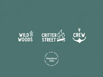 Kids Program Emblems anchor campfire crew critter emblem fire illustration kids logo playful program wild woodland woods