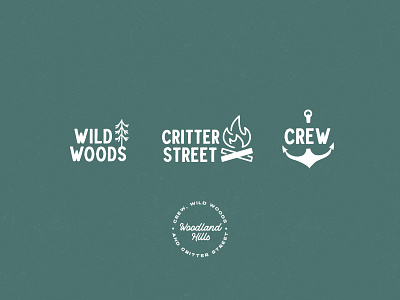 Kids Program Emblems anchor campfire crew critter emblem fire illustration kids logo playful program wild woodland woods