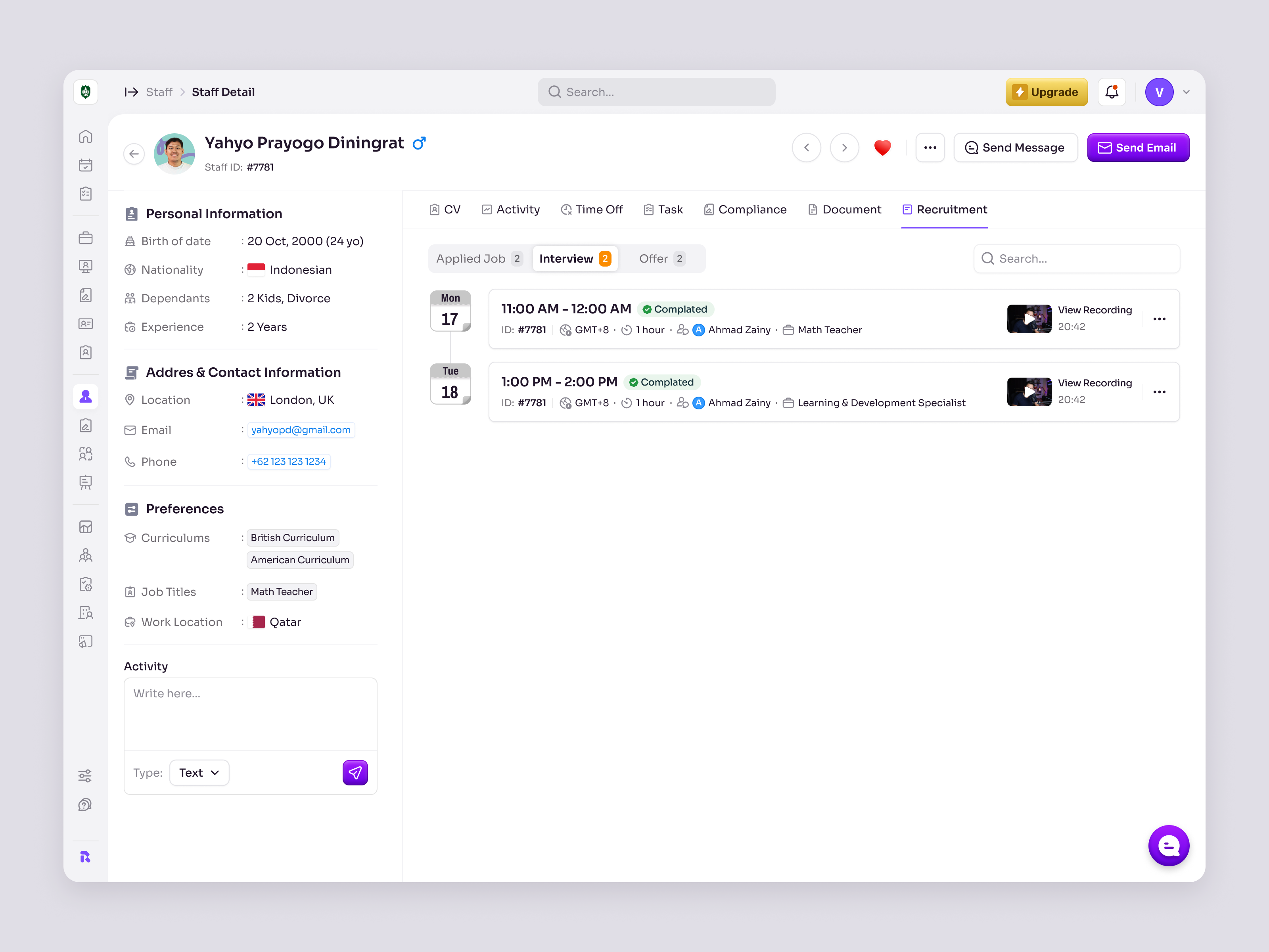 RecruitSmart — Staff Application History for School HRM candidate dashboard education employee hiring hr management hr system hrd hrm hrms job product design saas saas design school management staff ui ux web app web design