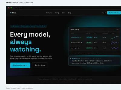 Orbit, ML model observability. Landing page design. ai analytics b2b dark mode dark ui data visualization developer tools hero section homepage landing page machine learning product design saas startup ui ui design user interface ux web design website