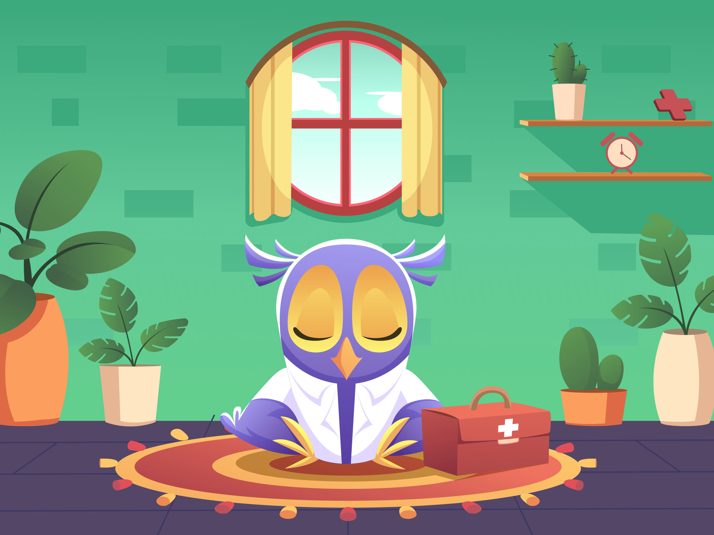 Meditating Doctor Owl | Character Design character doctor cartoon character flat illustration graphic design healthcare mascot design healthcare ui illustration illustration illustration design illustrator medical app illustration medical character illustration owl doctor illustration product design ui illustration vector character illustration vector illustration