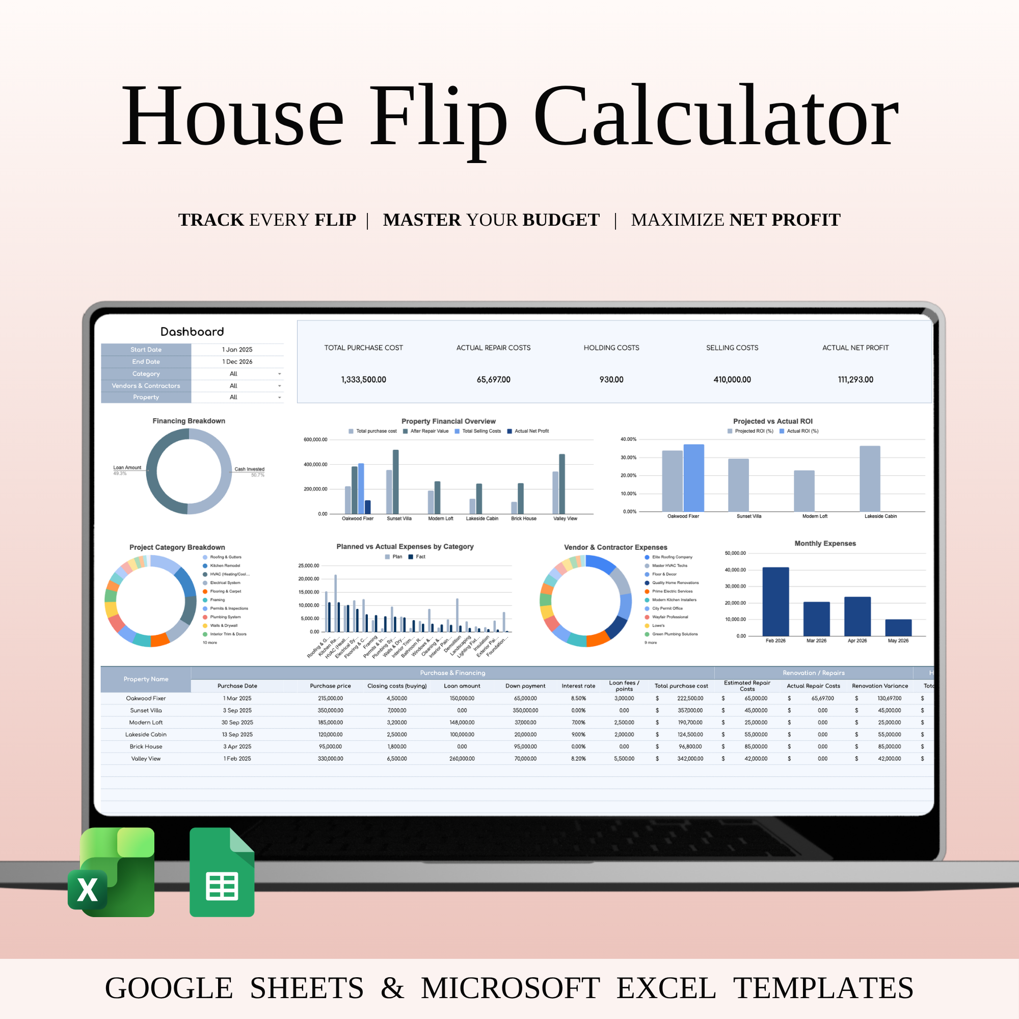 House Flipping Calculator Template budgeting tool business analytics data analytics deal analysis digital product excel template finance tracker financial planning google sheets template investment analysis investment tracker minimal design modern dashboard productivity tools property analysis property management real estate dashboard real estate workflow roi calculator startup tools