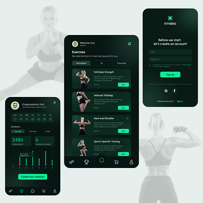 Fitness app darkgreen fitnes mobileapp project sportapp ui userinterface ux uxui uxuidesign