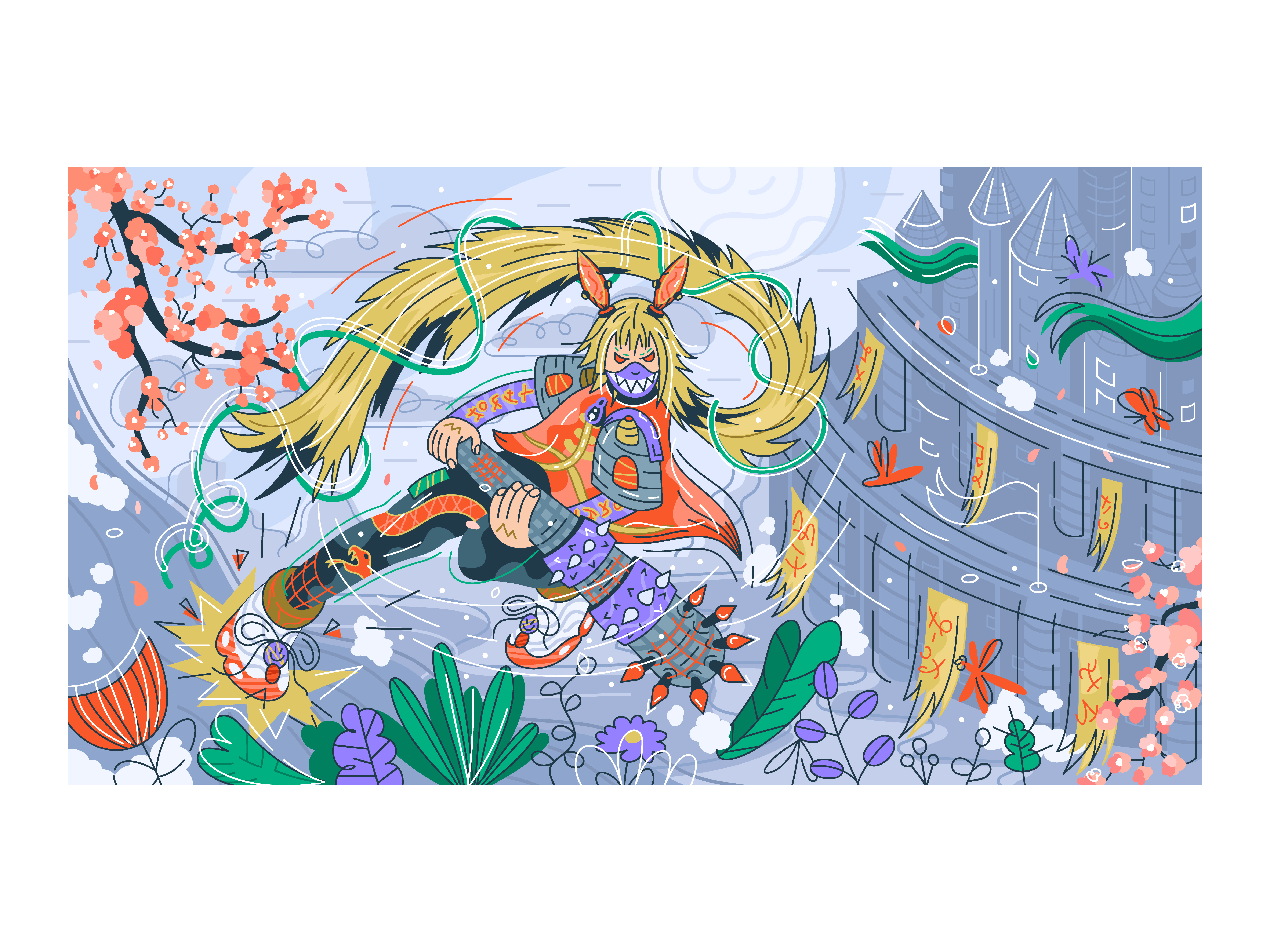 warrior attacks. fuji x marco attack azuki battle castle character chinese collection cyberpunk design fantasy fight flat fuji illustration japanese lore nft pfp twitter vector