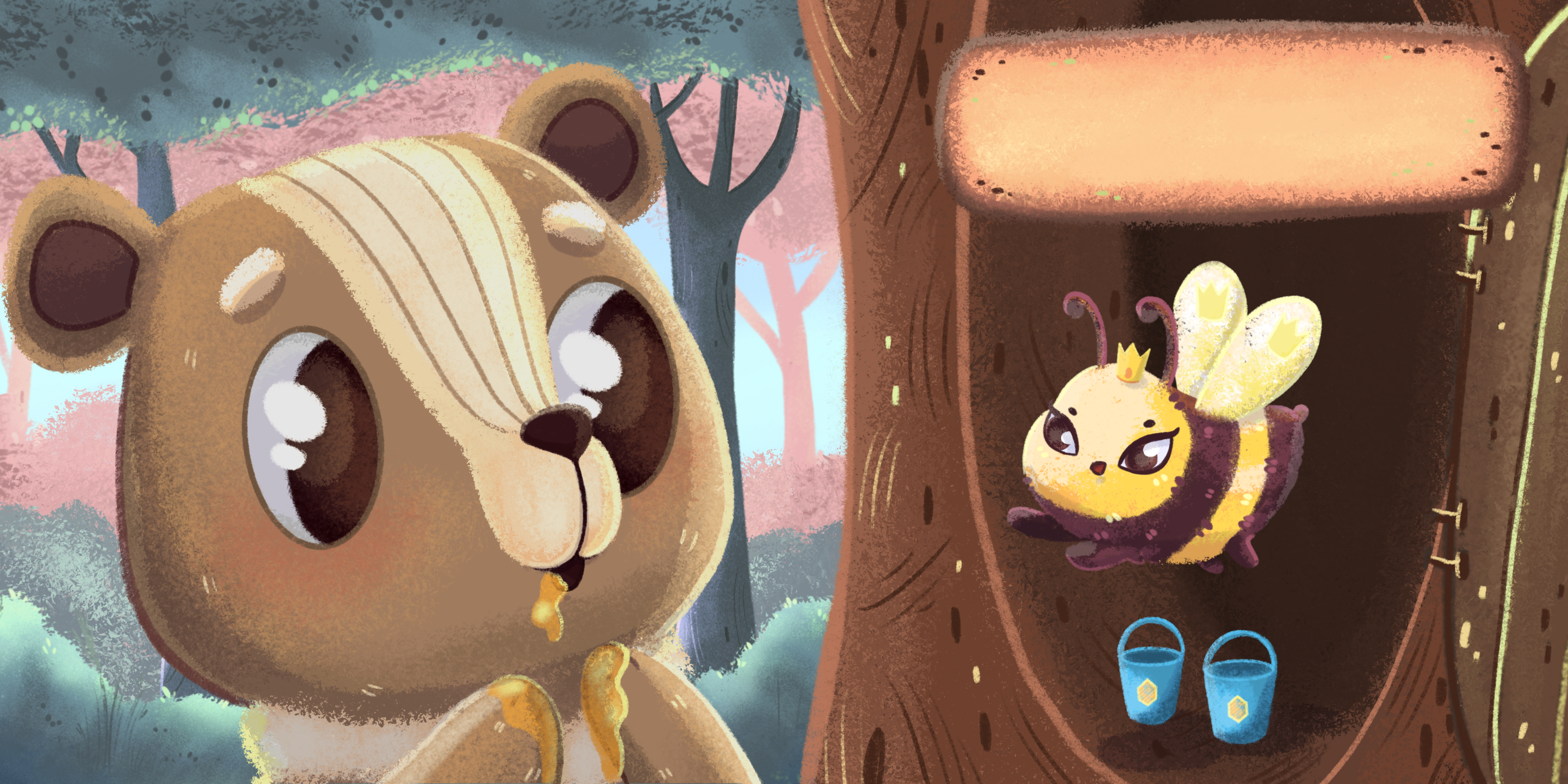 Bear and bee characters children's book illustration bear bee character design children illustration design illustration kid art procreate raster illustration