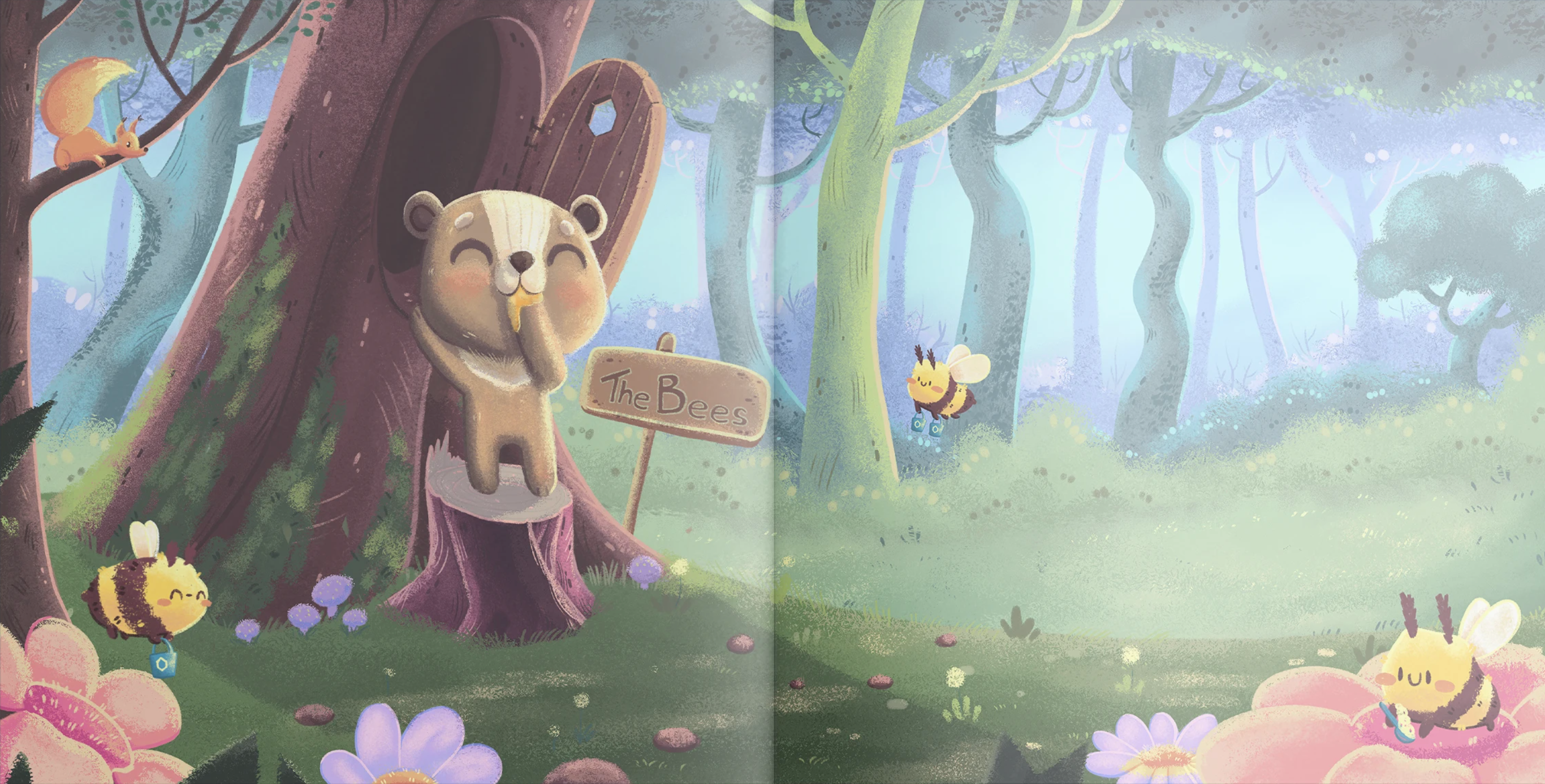 Book Spread Illustration for a children's book art bear bee character design children illustration cover design forest illustration kid art procreate raster illustration