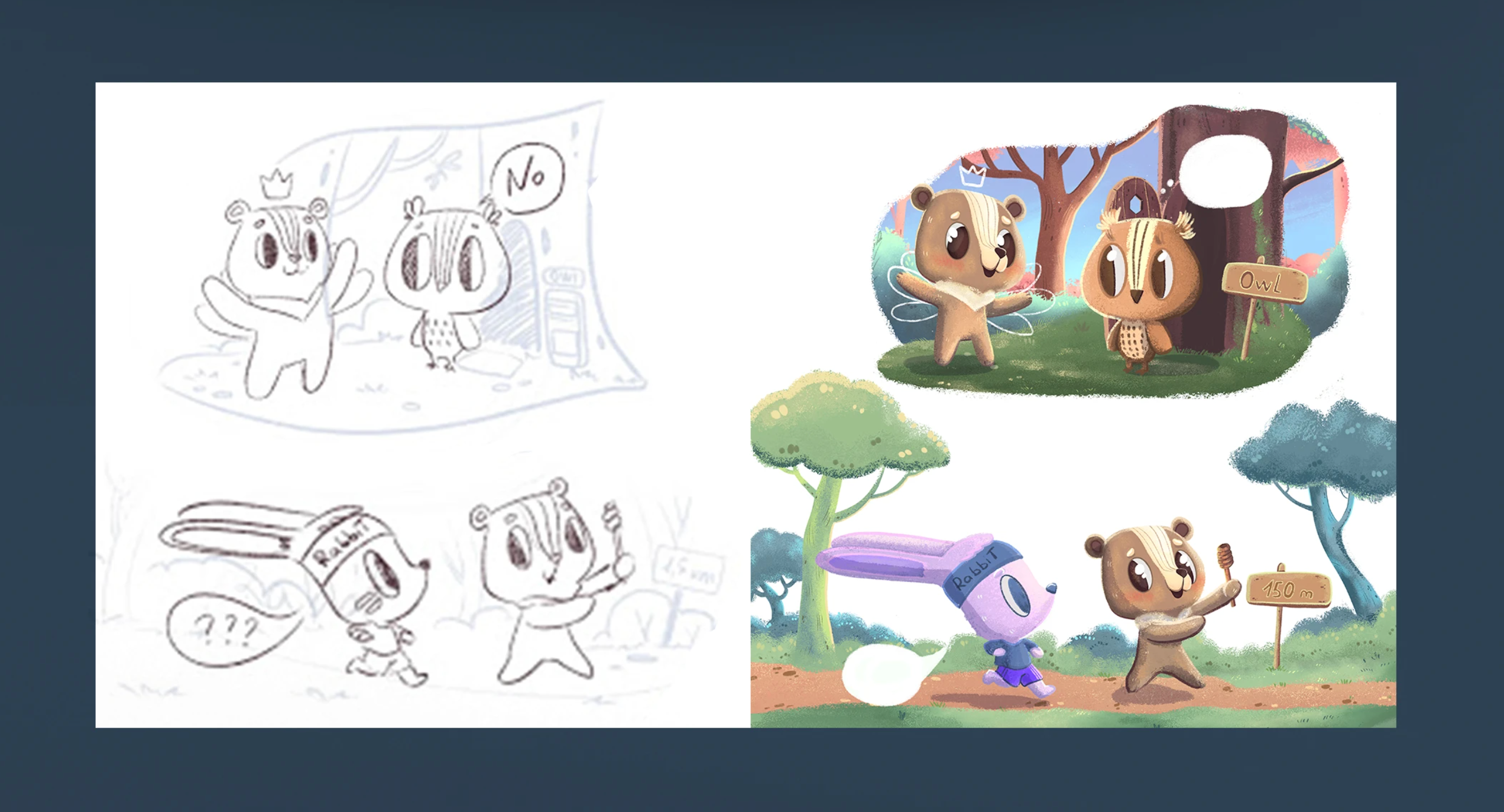 Spot illustration character design for kid's book art bear branding character design children illustration forest illustration kid art process procreate rabbit race raster illustration