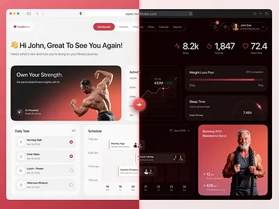 HealthVibe, Fitness Dashboard UI (Light & Dark Mode) dark mode dashboard fitness app fitnessdashboard fitnessui light mode uidesign uxdesign