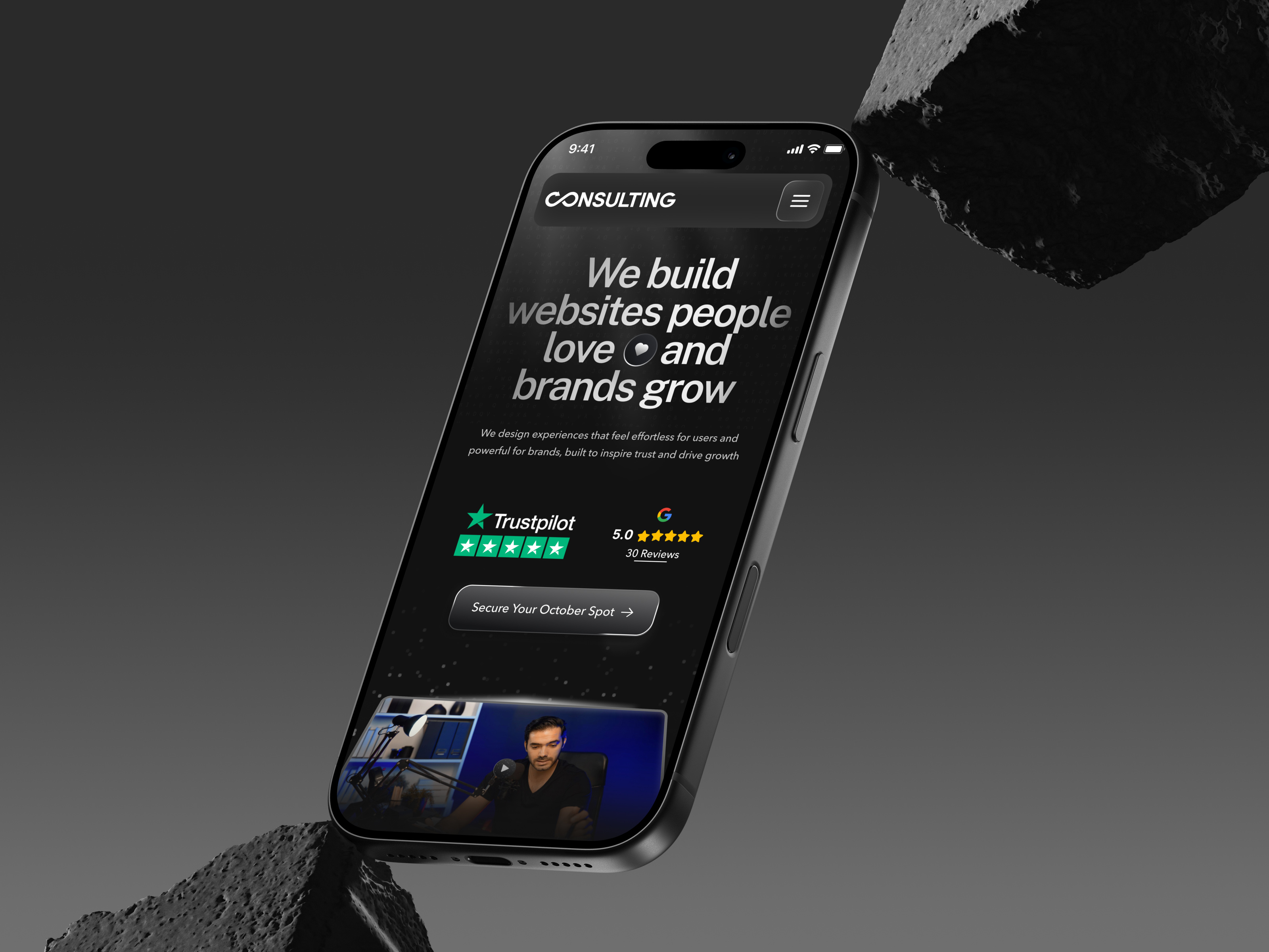 Design Agency - Landing Page about agency agency website black and white dark theme feature landing page landing page design mobile responsive product design profile responsive services studio studio design top agency ui ux website responsive