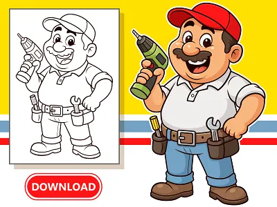 Funny Carpenter Cartoon Illustration With Coloring Page Sheet beehaya carpenter cartoon carpenter character carpenter mascot cartoon coloring page design handyman illustration vector vector illustration worker