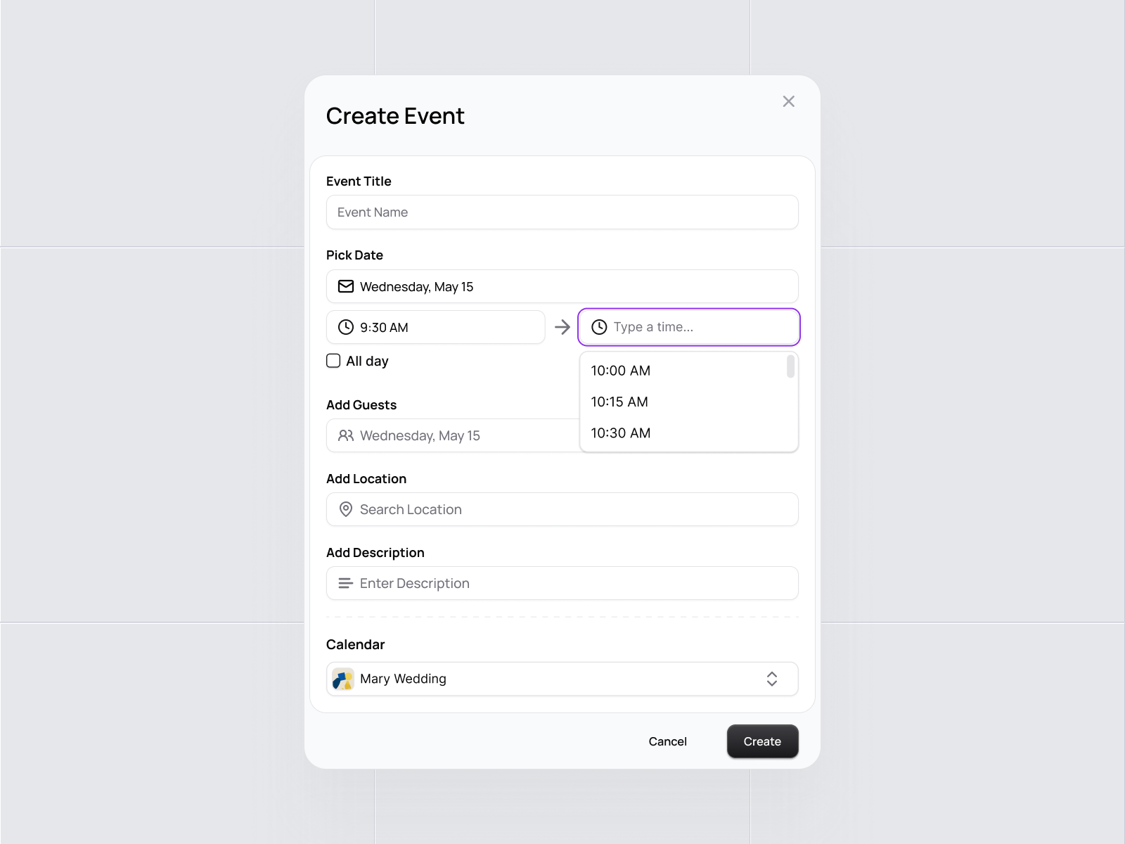 Event Creation Modal for B2B Event Management SaaS b2b buttons calendar dropdown events fields form input interface management modal platform product productivity saas scheduling system tasks ui ux