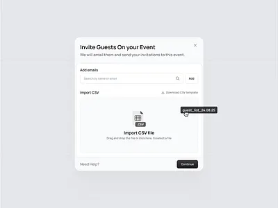 Guest Invitation Modal for B2B Event Management SaaS b2b buttons csv events form guests import input interface invitations management modal platform product productivity saas system ui upload ux