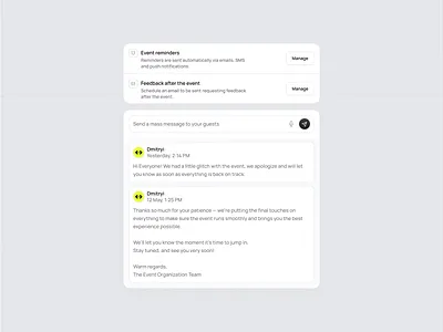 Communication Hub Dashboard for B2B Event Management SaaS automation b2b broadcast cards communication crm dashboard events history input interface management messaging notifications platform product saas system ui ux