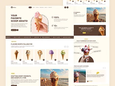 Meltzy – Ice Cream Website Homepage UI Design and dessert product layout. hero banner ingredients section