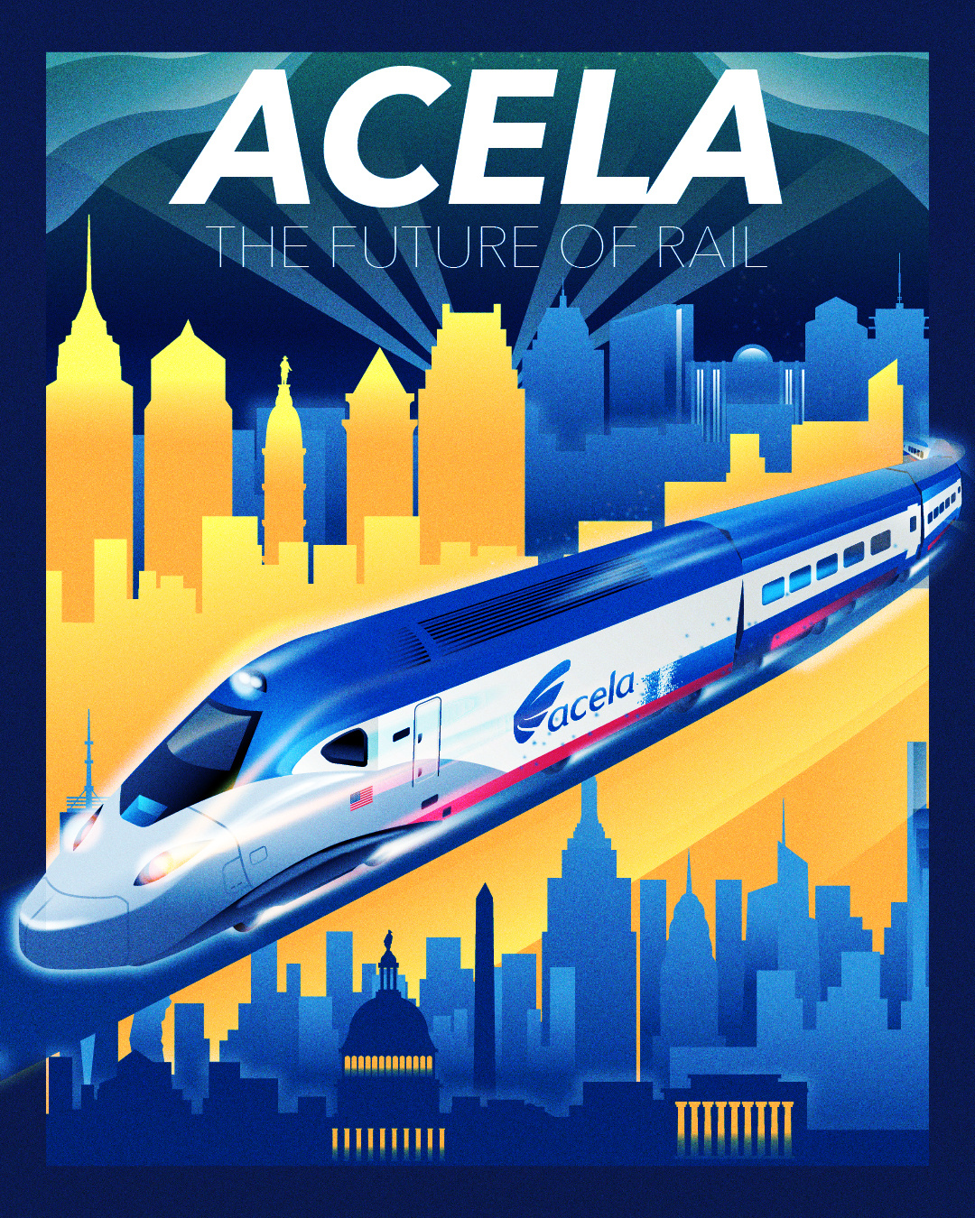 Amtrak Acela Poster acela amtrak art deco boston illustration newyork philadelphia poster train travel washington dc