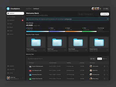 Cloud Storage App app chart clean dark design disk doc documents fireart nav notification organise stare table ui ux