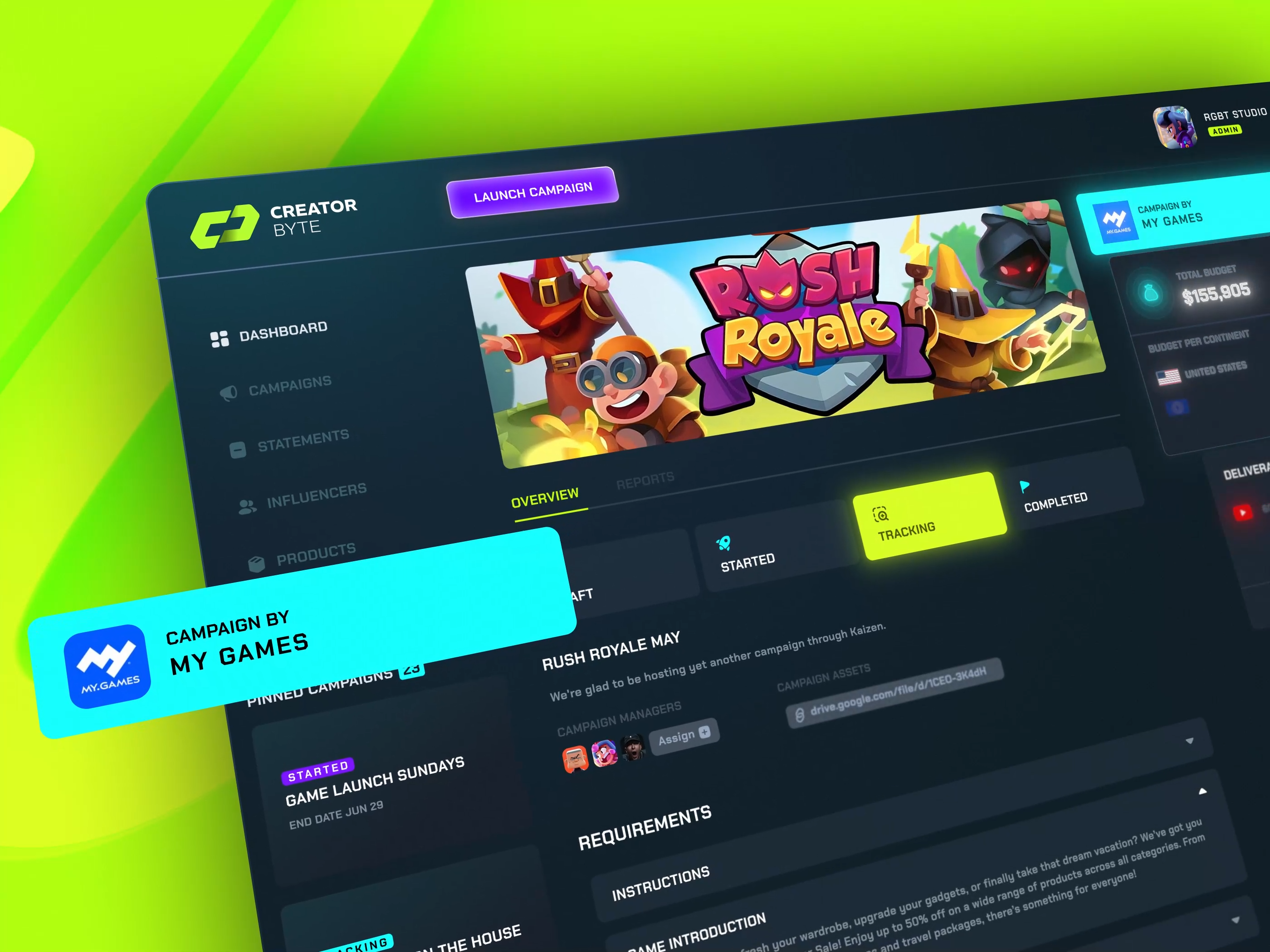 Creator Platform Dashboard - SaaS analytic platform analytic tracking api development campaign builder campaign management campaign management dashboard campaign management tools creator marketplace saas crm dashboard crm website data management data platform data scraping influencer management influencer marketing platform influencer platform public agency profiles ragebite saas dashboard