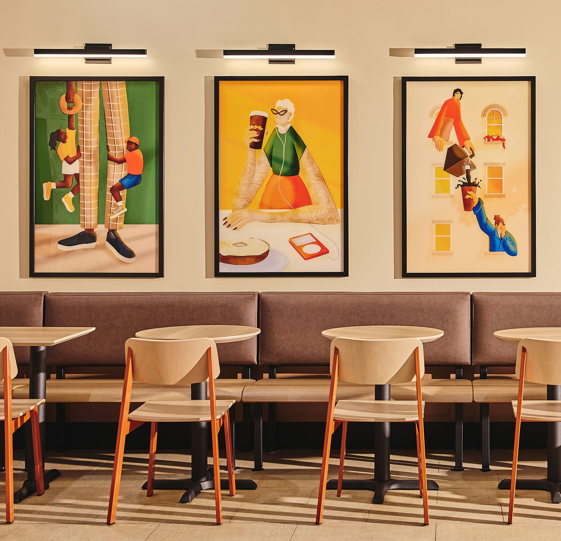 Einstein Bros Bagels Gallery Artwork Illustrations artwork artwork package bagels breakfast dad einsteins fast casual gallery style artwork grandma hanging artwork illustration illustrations illustrator kids morning tables triptych vicarel window