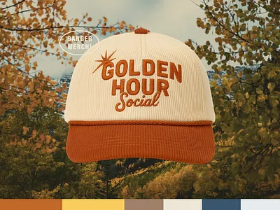 Golden Hour Social Hat Design brand branding gold golden golden hour hat hat design hat mockup leaves logo logo design mockup nature outdoors outside trees vicarel