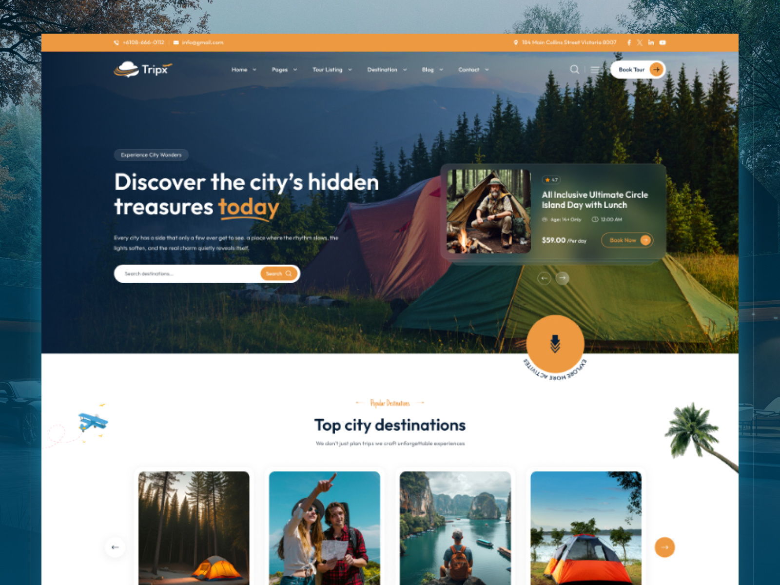 Camping & Adventure Website Landing Page animation booking booking system bungalows camping camping agency city tour cottages customizable fashion hiking holiday mountain retina tent tour travel agency travle ui website