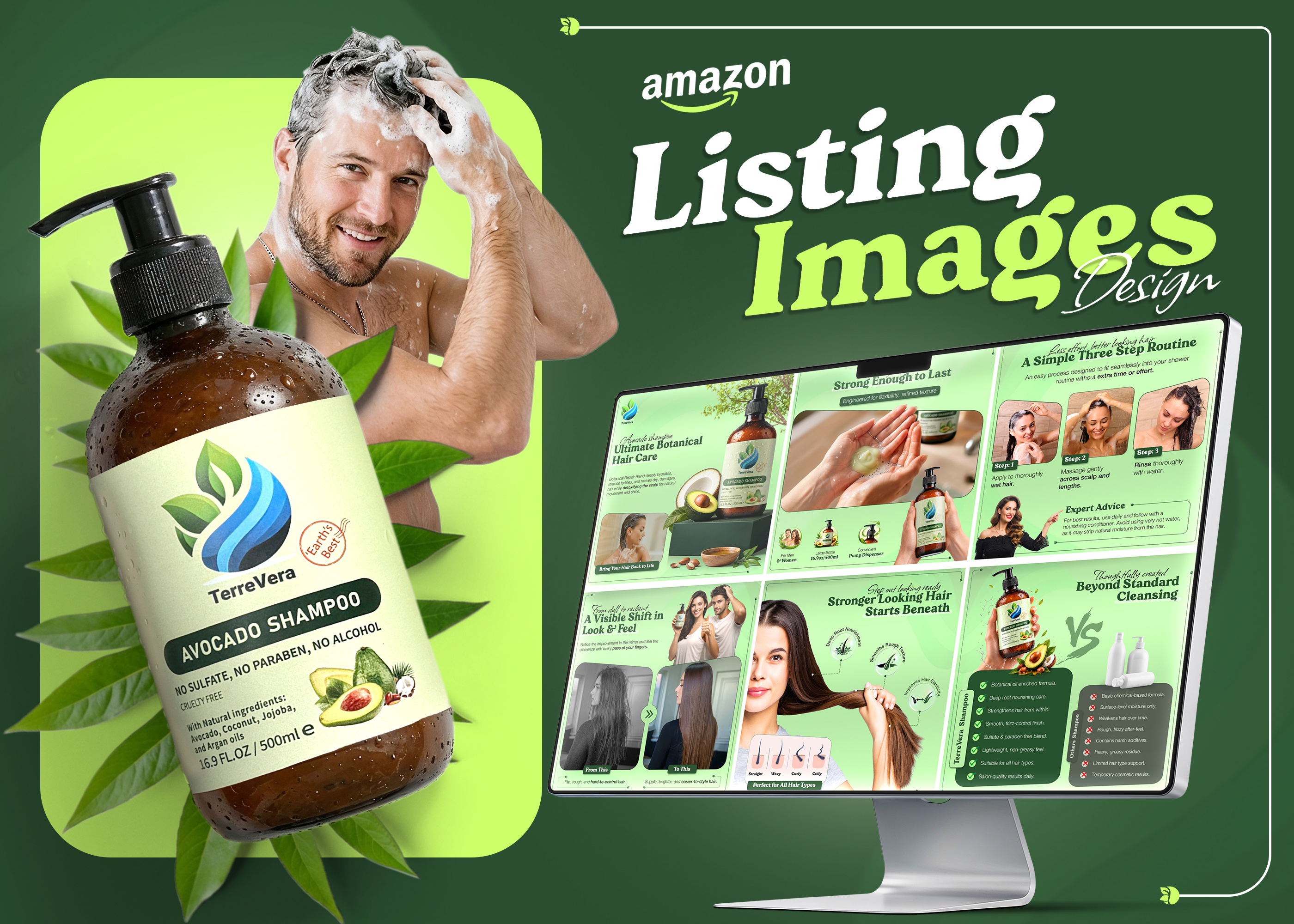 Amazon Listing Images Design – Hair Care Product amazon creative design amazon creatives amazon graphics amazon image design amazon listing optimization amazon visuals brand design branding e commerce branding graphic design hair care branding listing images natural beauty branding photo manipulation product storytelling