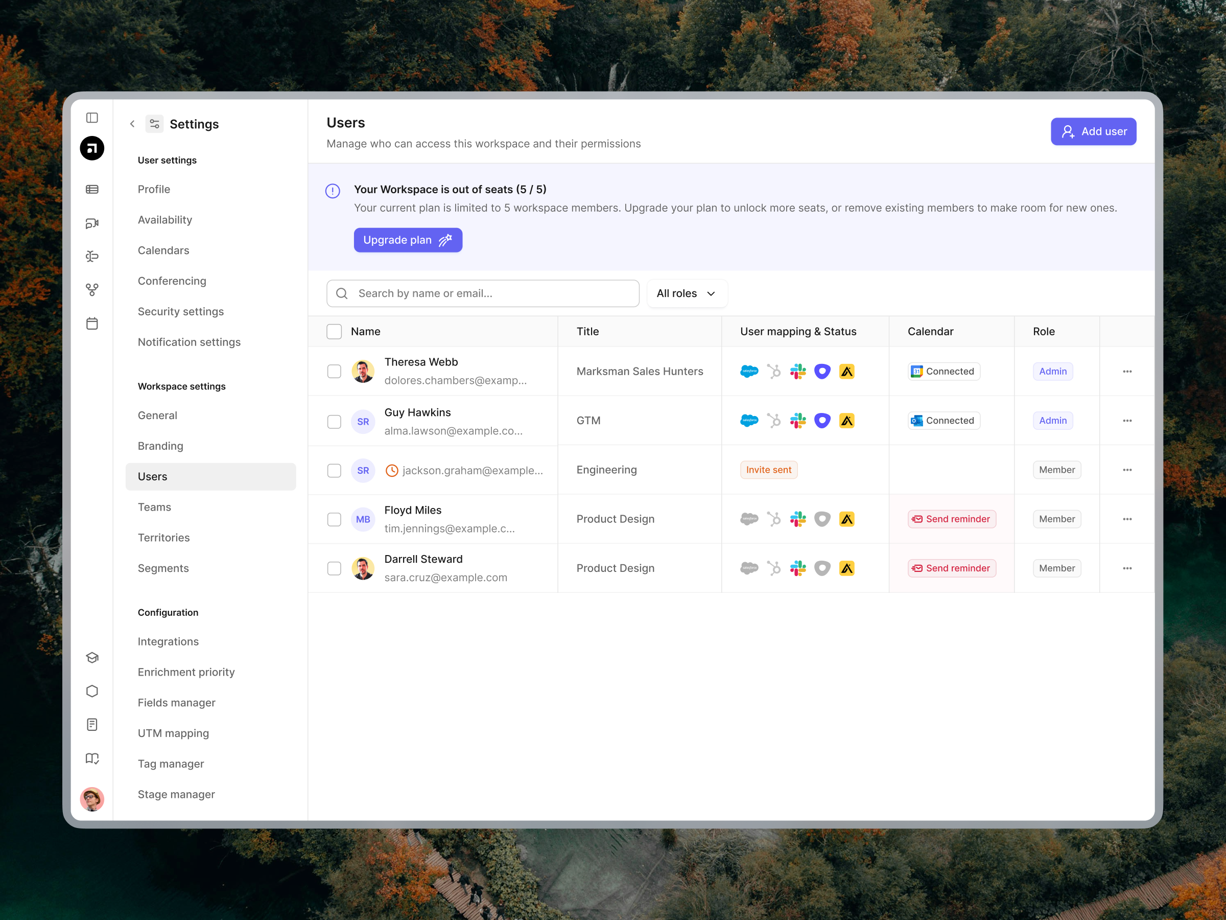 Default.com —User management apollo.io clay connections dashboard default.com integrations invite modal invite user light platform settings settings team management teams user management user profile users