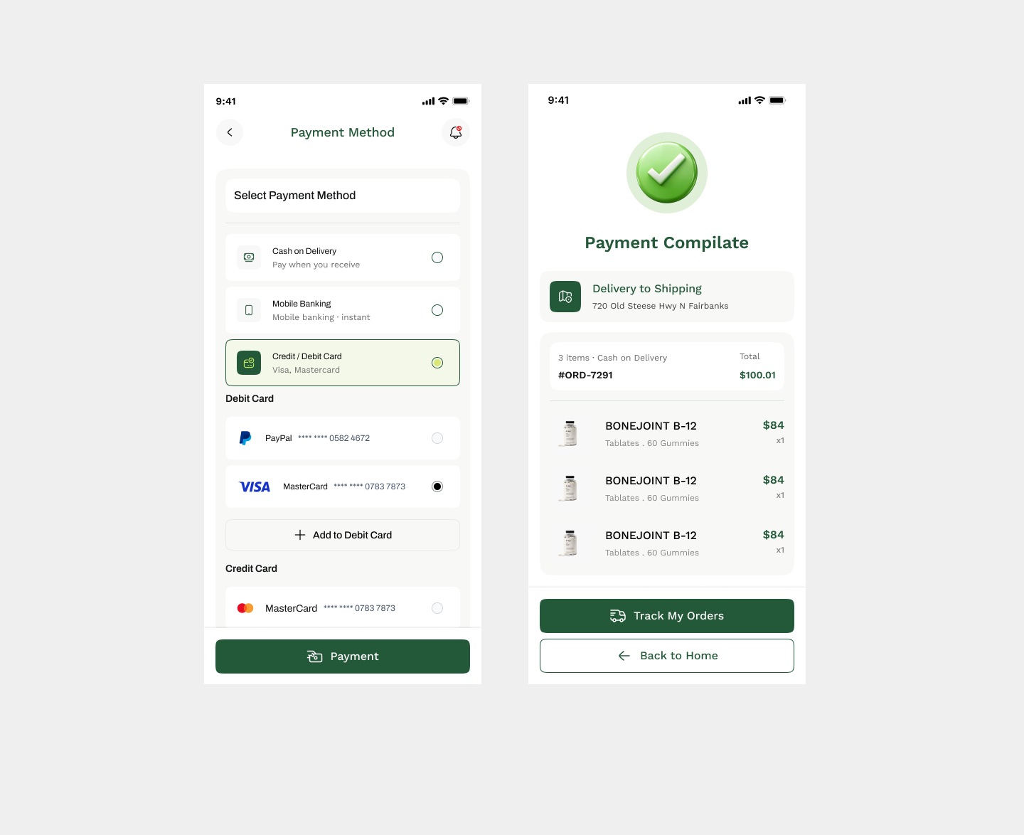 Pharmacy & Supplement Mobile App Design add to cart app checkout checkout process medical app medicine mobile app design mobile design online order order medicine order now payment successful pharmacy pharmacy app select variants supplement app supplements tablet