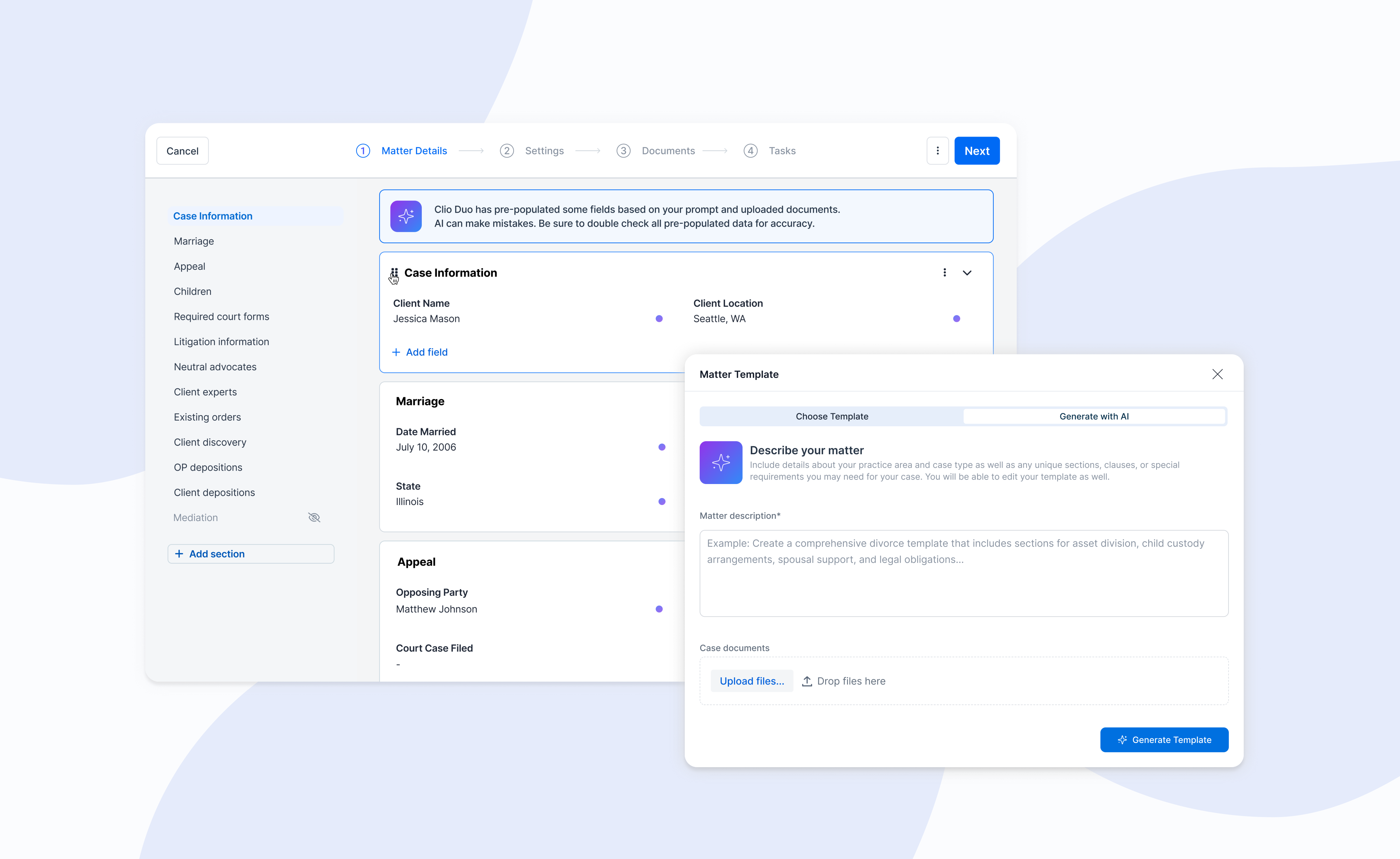AI-Powered Legal Case Template Creation ai ai prompt design data extraction form design legaltech ml ocr product design saas software ui ux web app