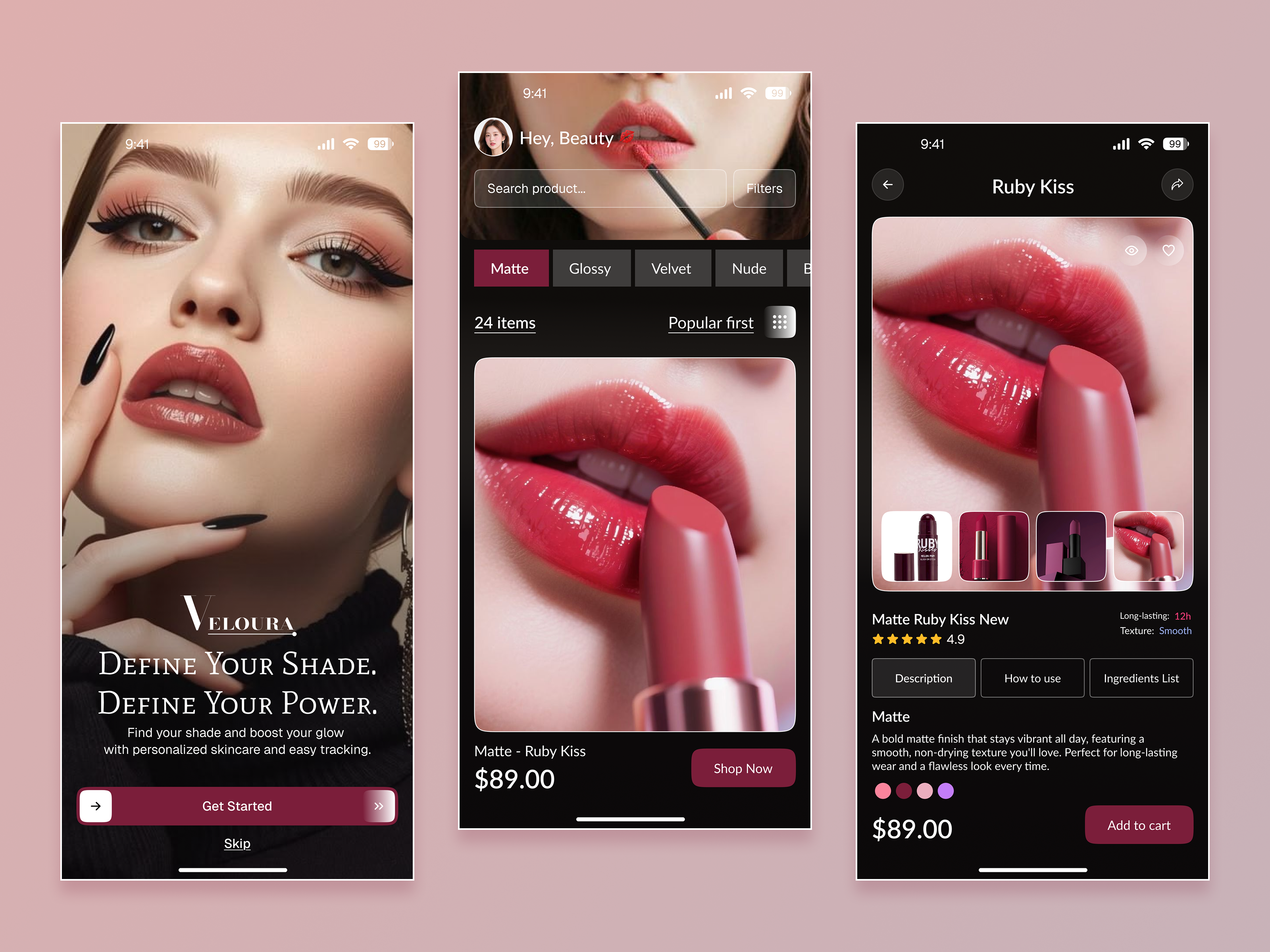 Veloura – A Luxury Beauty Experience in Your Pocket app design app ui beauty app darkui e commerce app ecommerce ios marketplace mobile app mobile design online shopping onlineshop product detail saas sell shop shopping store ui design ui ux
