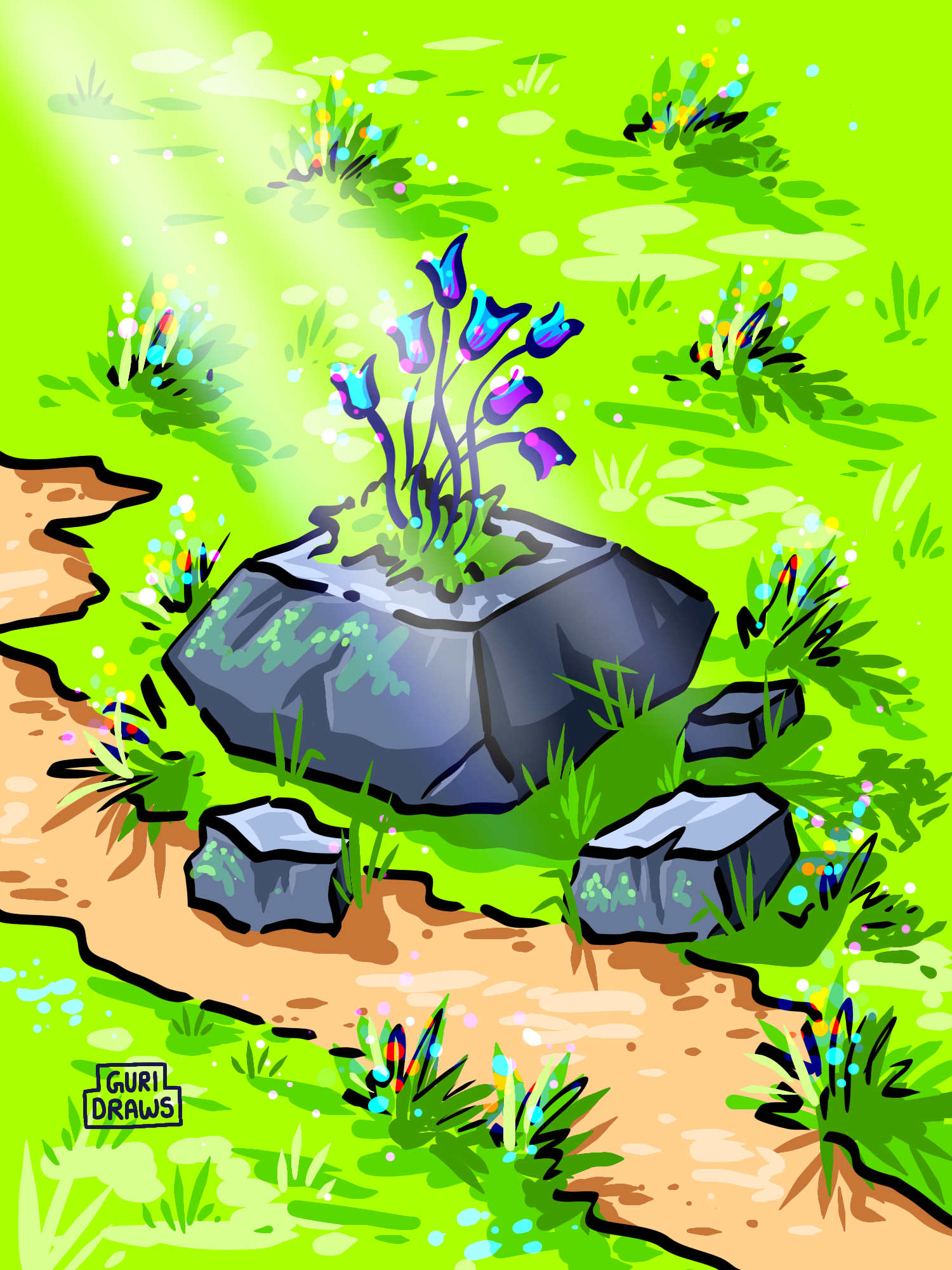 Blooming in stillness artist colorful digital art field flower grass green illustration landscape nature plant spring stone summer