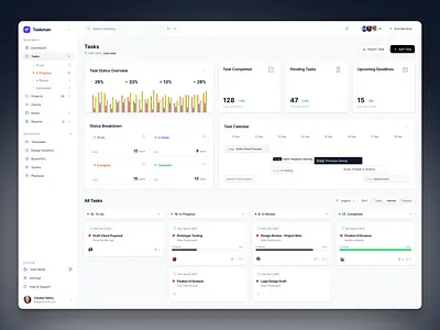 Taskman – Modern Task Management Dashboard admin panel analytics dashboard component system dark mode dashboard design design system free freebie kanban board light mode productivity app saas task manager ui ui kit ux design web web app website