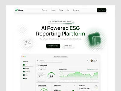 AI ESG Reporting SaaS Landing Page Design ai analytics automation b2b carbon tracking data visualization ui esg hero section landing page management minimalist design recruitment report saas startup website web design website website design