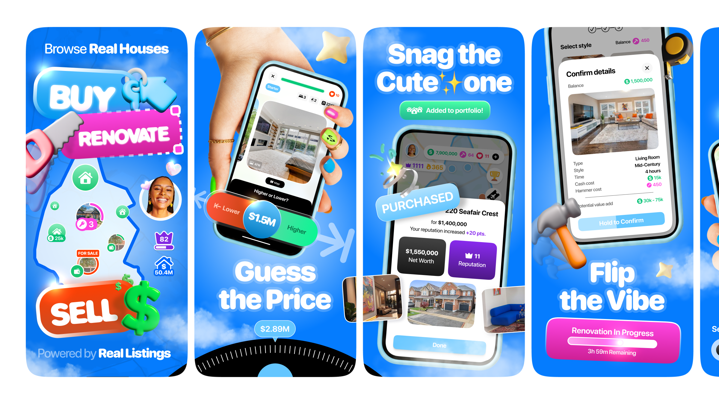 App Store Screenshots | Househunt: Fun With Real Homes app design app marketing app screenshots app store app store creative app store design app store listing app store optimization app store preview app store screenshots app store visuals aso conversion optimization google play mobile app design mobile app marketing mobile ui product design screenshot design ui design