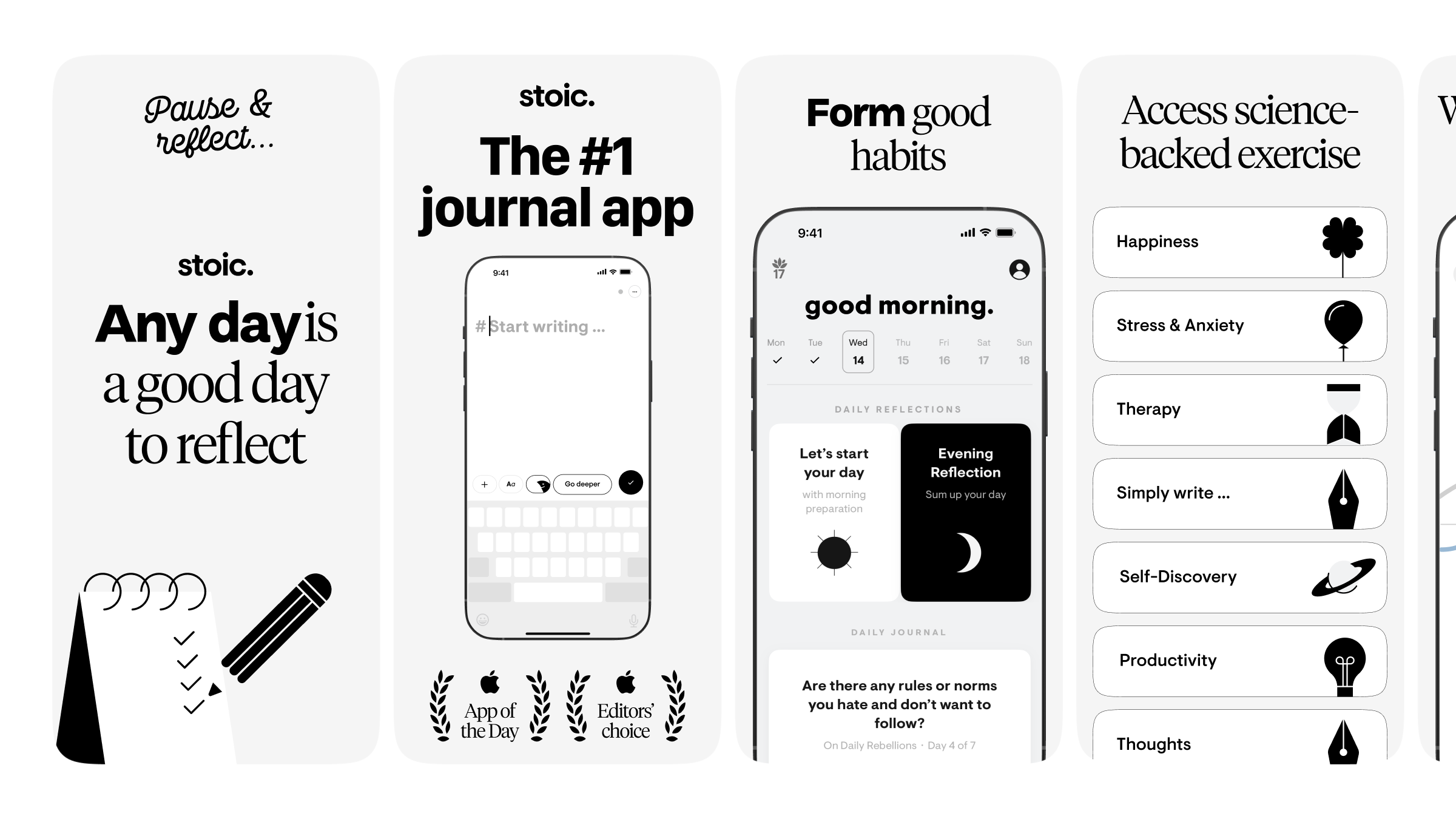 App Store Screenshots | stoic. journal & mental health app design app marketing app screenshots app store app store creative app store design app store listing app store optimization app store preview app store screenshots app store visuals aso conversion optimization google play mobile app design mobile app marketing mobile ui product design screenshot design ui design
