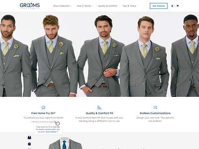 Grooms Club Web Design digital e commerce events fashion iconography illustration interactive interface online portal shop shopify suit ui user testing ux web design website wedding