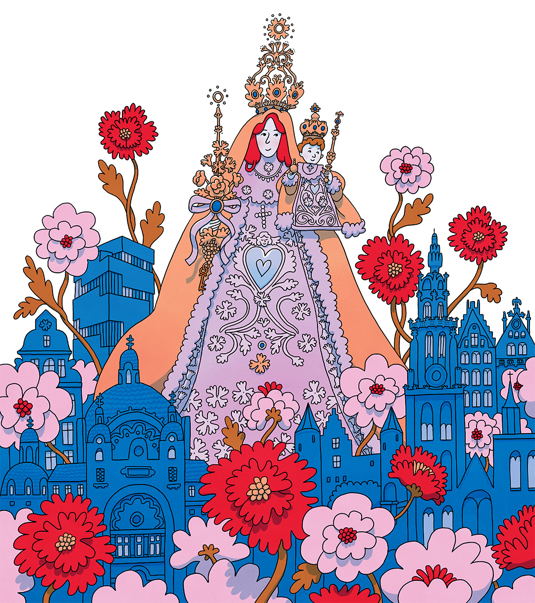 city poster illustration architecture buildings city cityscape faith flowers illustrated poster illustration poster poster design religious virgin mary