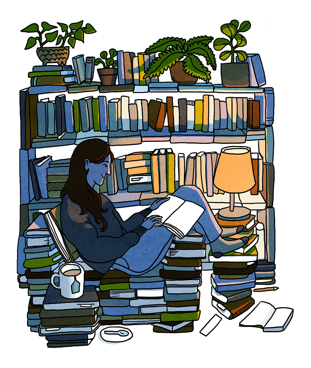 Reading girl illustration bookshelf cosy goodreads illustrated illustration light moody reading