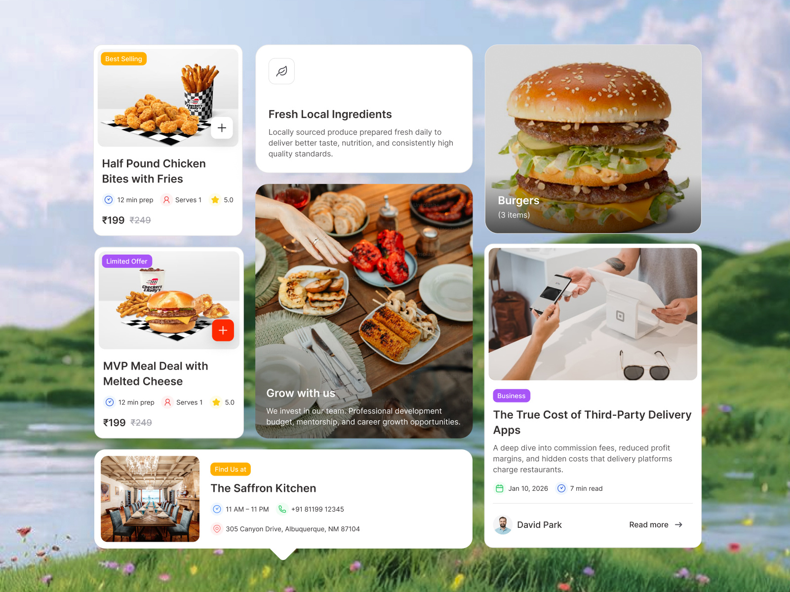 Restaurant Management Dashboard - Component Card Design bento cards card design cards clean ui component component card design component library crm software dashboard dashboard components delivery ui components food delivery product design restaurant restaurant management saas service ui design ui kit web app