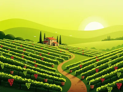 Golden Hour Vineyard Illustration agriculture environment illustration landscape illustration nature tuscany vineyard web wine label