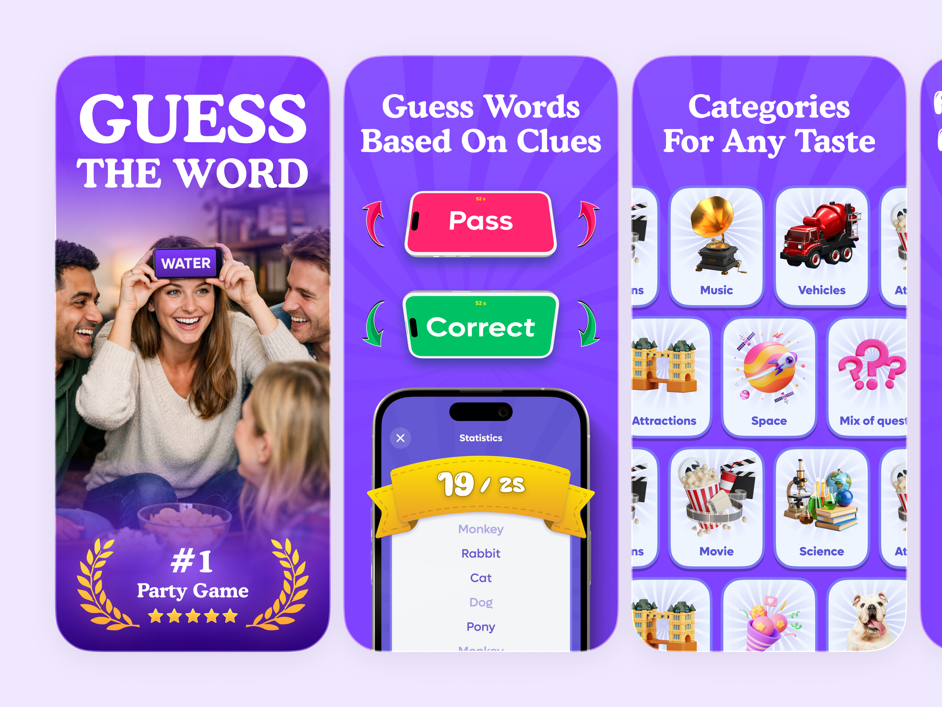 App Store Screenshots · Charades: Party Game android app aso charades friends game google play guess ios onboarding page party preview quiz screens screenshots store trivia ui words