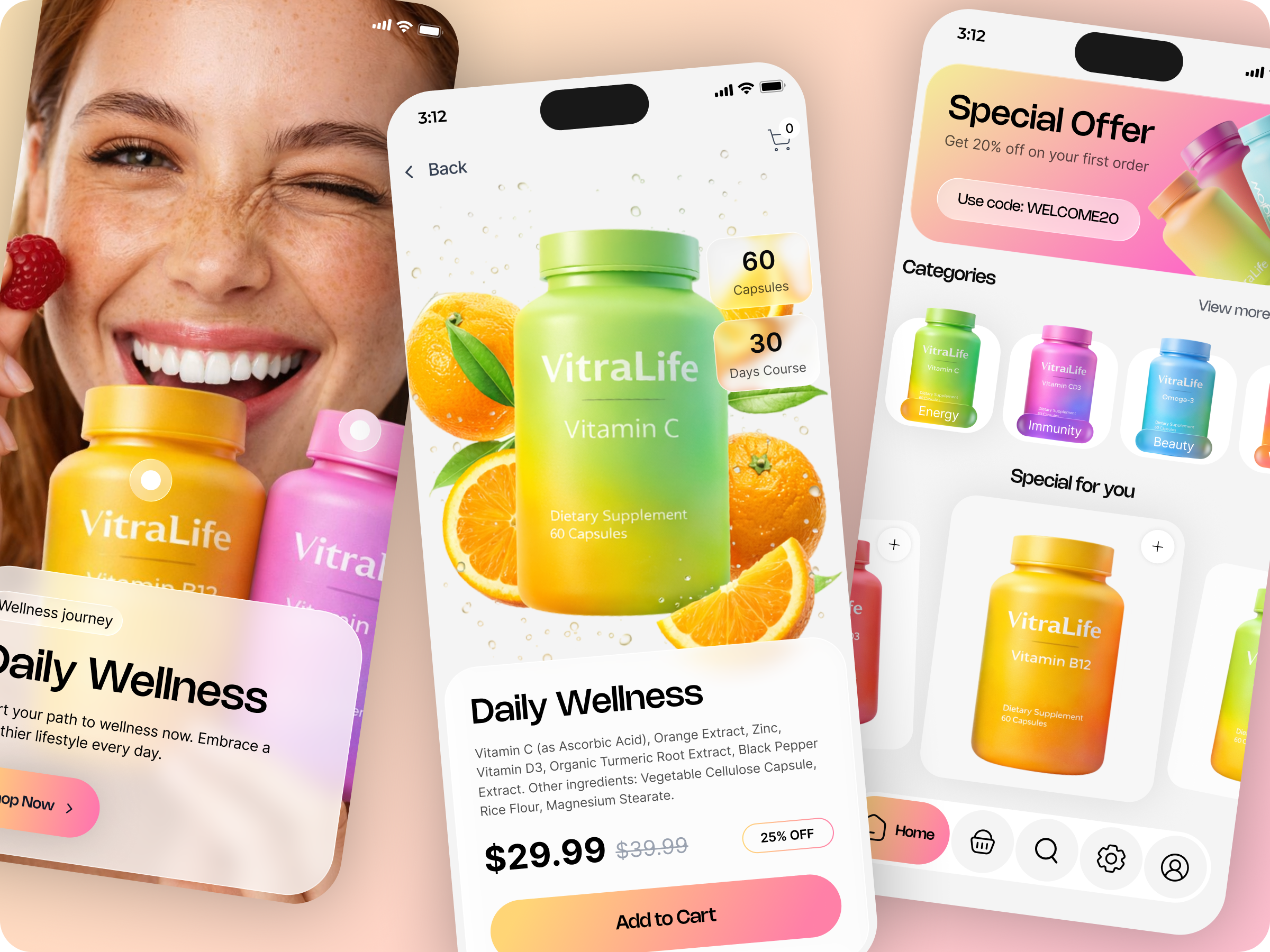 Wellness Shop App — UI/UX Case animation app design clean ui dashboarddesign datavisualization dribbbleportfolio ecommerce app figma health app illustration mobile app mobile ui modern ui product design supplement app ui design ui ux ux design vitamin app wellness app