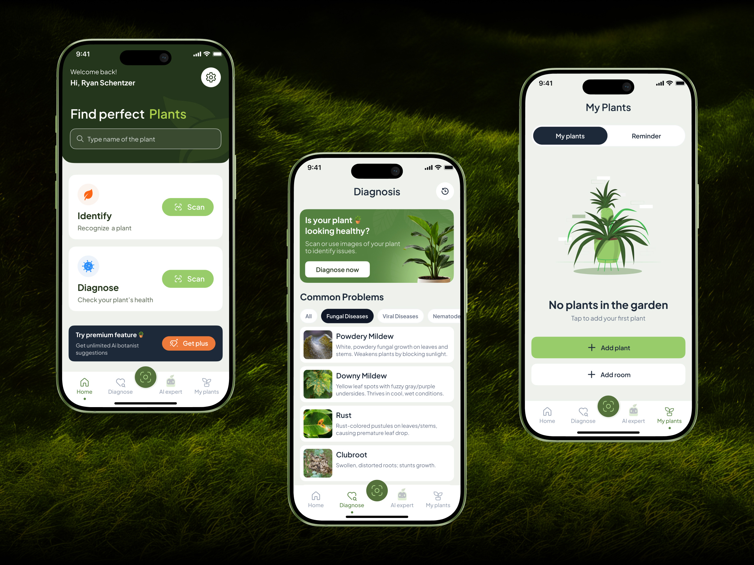 AI Plant Identification - Mobile App ai ai diagnosis app store app ux botany app figma garden management home gardening ios design mobile app design mobile app ui mobile gardening app plant care app plant disease detection plant health plant identification app plant scanner plant tracking smart gardening ui ux design