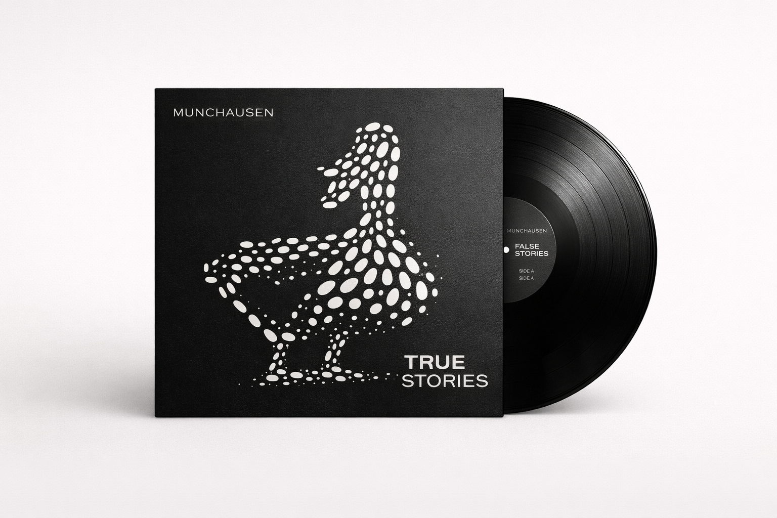 Munchausen True Stories album cover black and white conceptual design editorial design minimal typography vinyl visual identity