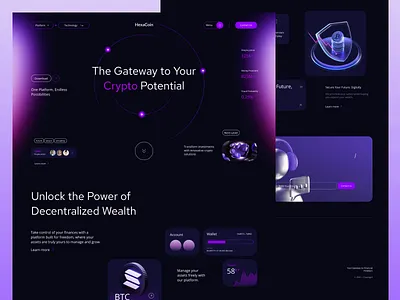 Cryptocurrency Platform Landing Page 💎🚀 automated trading bitcoin trading blockchain crypto platform crypto wallet cryptocurrency dark mode defi digital assets ethereum fraud protection hero section hexacoin landing page market analysis security features staking program trust metrics ui wallet management