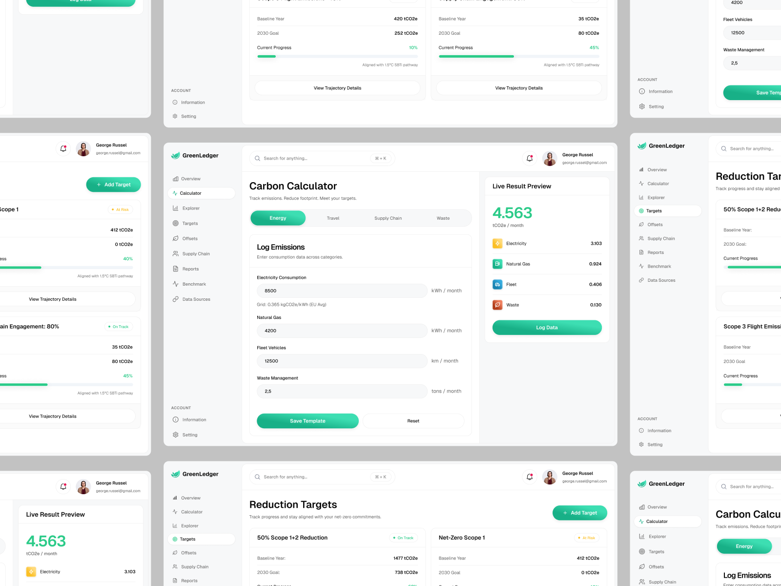 GreenLedger - ESG Dashboard Calculator & Targets Screen admin dashboard analytics b2b calculator climate tech dashboard data visualization enterprise esg goal tracking green tech modern ui product design saas saas design sustainability ui web app web design