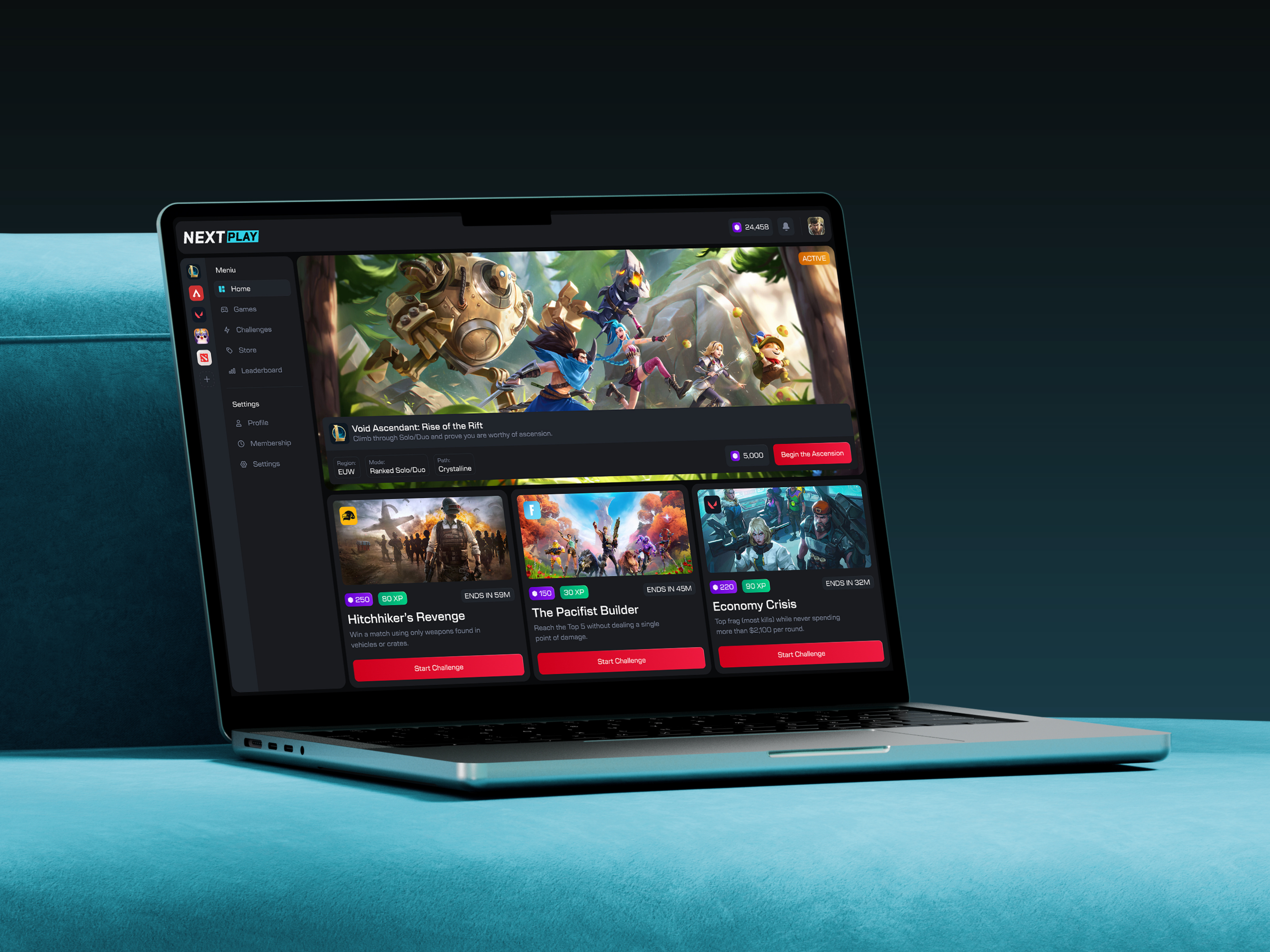 NEXTPLAY — Esports Challenge Platform Macbook Mockup UI/UX