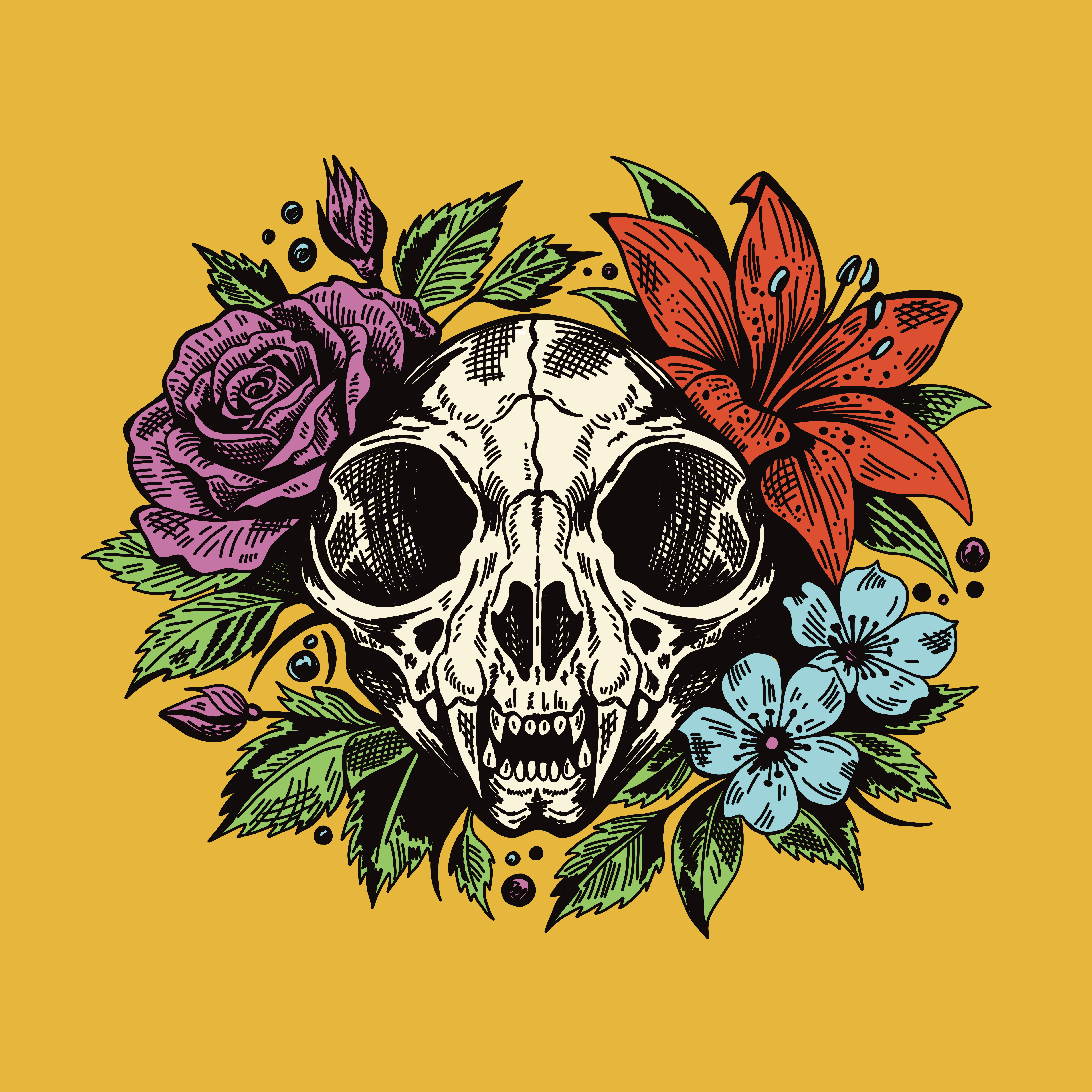 Cat Skull with Flowers apparel cat design drawing flowers graphic design graphic tee hand drawn hatching illustration illustration art illustrator ink line art lowbrow pen skull t shirt design tattoo