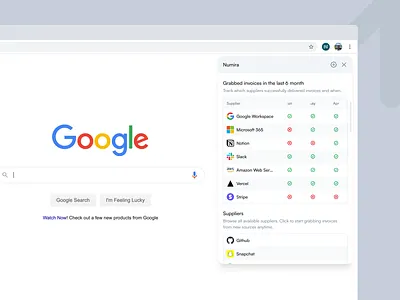Chrome Extension - Numira branding chrome chrome extension clean design extension invoice management invoices logo manager navigation responsive table ui ux web